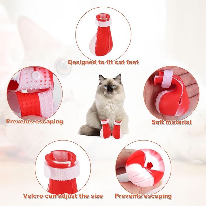 Gosknor 4pcs Cat Feet Covers, Adjustable Anti-Scratch Anti-Bite Silicone Kitten Paw Claw Caps Boots for Nail Trimming Bathing Checking Multifunctional Pet Grooming Protector Products (Red White)