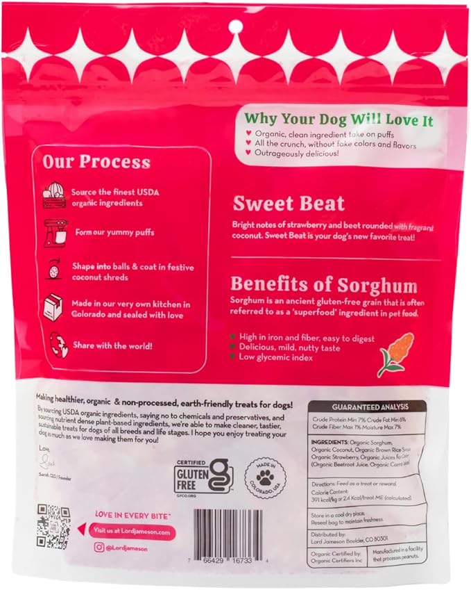 Lord Jameson Sweet Beat Light & Crunchy Love Puffs - Strawberry & Beet - Dog Treats, Low-Calorie, Low-Sugar, Gluten & Preservative-Free, USDA Certified Organic - Made In USA 4 oz