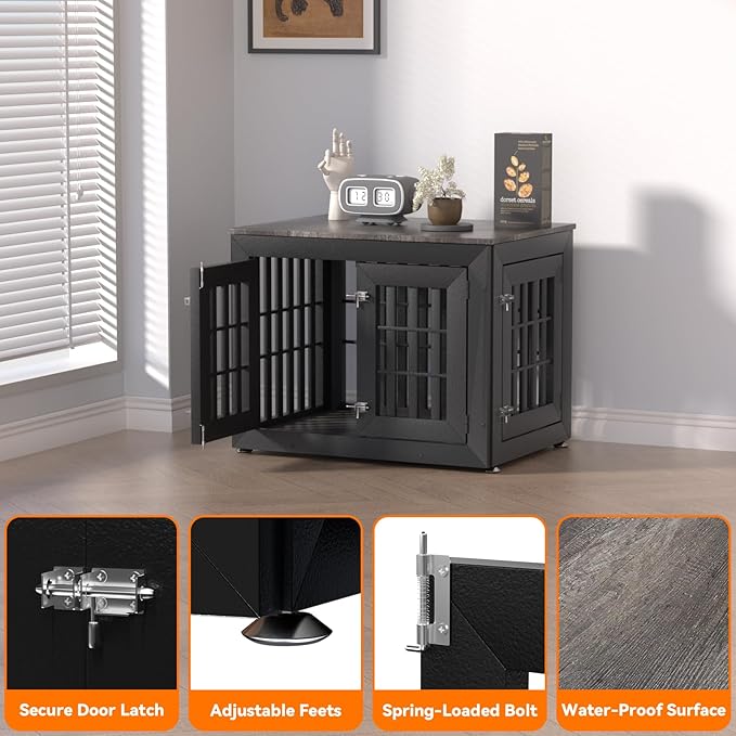Snuowu 32" Heavy-Duty Dog Crate Furniture for Small/Medium Dogs, Rustic Wooden Dog Cage Kennel Indoor Furniture, Decorative Pet House End Table, Black & Grey