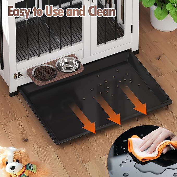 Dog Crate - 31.5" Wooden Dog Kennel Furniture with 360° Rotating Feeder & Removable Tray | Multi-Functional End Table for Medium & Small Dogs, White Dog Cage Indoor, Portable Pet Furniture