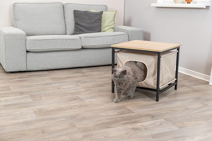 Trixie Emmie Indoor Cat Condo, Cozy Cat House with Metal Frame and Sturdy Fabric and Cozy Cushion for Extra Comfort, Classic Style Design, Natrual/Beige, Use as a Table & Nightstand
