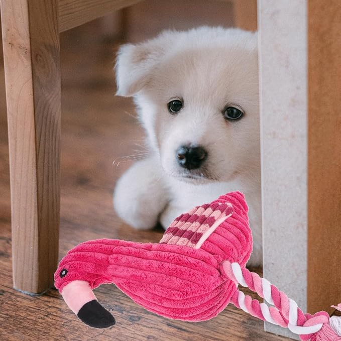 POPETPOP Flamingo Squeaky Rope Dog Toy 11.81X7.08X3.14In Interactive Corduroy Plush Chew Toy for Indoor Play Suitable for Small to Large Dogs