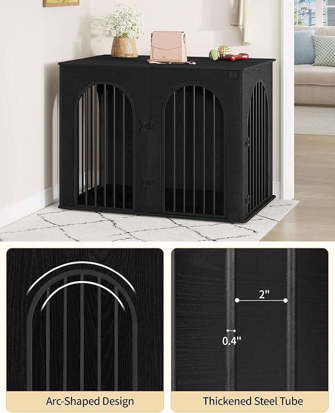 Hzuaneri 44.1" Wooden Dog Crate Furniture, Indoor Dog Kennel Dogs Cage for Small/Medium/Large Dogs, Heavy Duty Dog Crates Decorative Pet House End Side Table TV Stand, Black DFC83904B