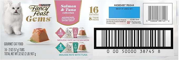 Fancy Feast Gems Pate Cat Food Mousse Salmon or Tuna and a Halo of Savory Gravy Wet Cat Food Variety Pack - 8 ct. Boxes (Pack of 2)