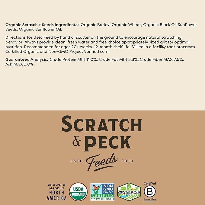 Scratch and Peck Scratch + Seeds Chicken and Duck Treat - 10 lbs Bag - 11% Protein, Certified Organic and Non-GMO Project Verified Chicken Food