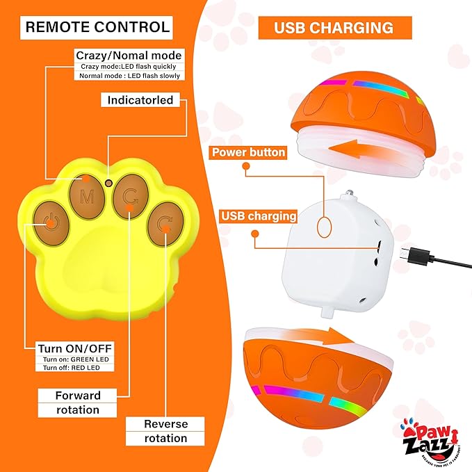 New Interactive Dog Toy with Remote Control and LED Flash Light, Self Rolling USB Rechargeable Ball that has 2 Modes, Motion Activated Ball Toys for Dogs/Cats with 2 Work Modes - Orange
