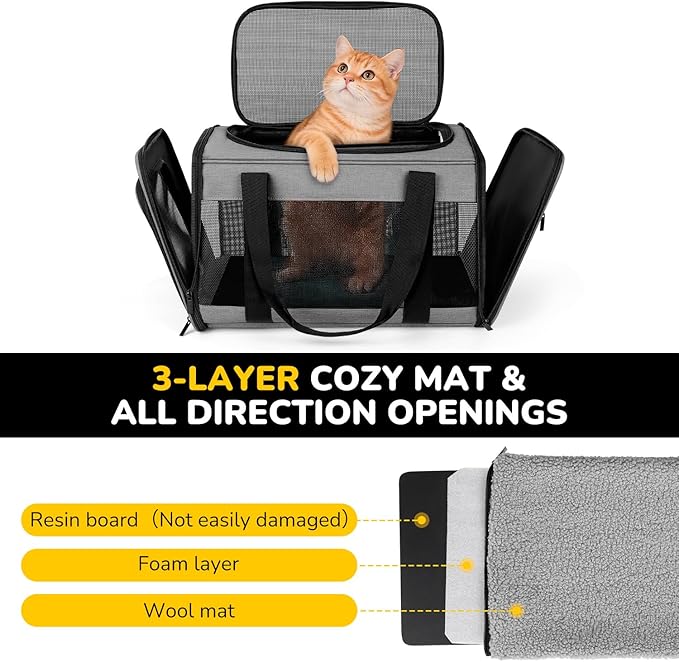 Hipubby Cat Carrier Dog Carrier for Pets Up to 16 Lbs, Soft-Sided Pet Travel Carrier for Cats and Small Dogs, Airline Approved Pet Carrying Case with Shoulder Strap & Removable Mat - Grey