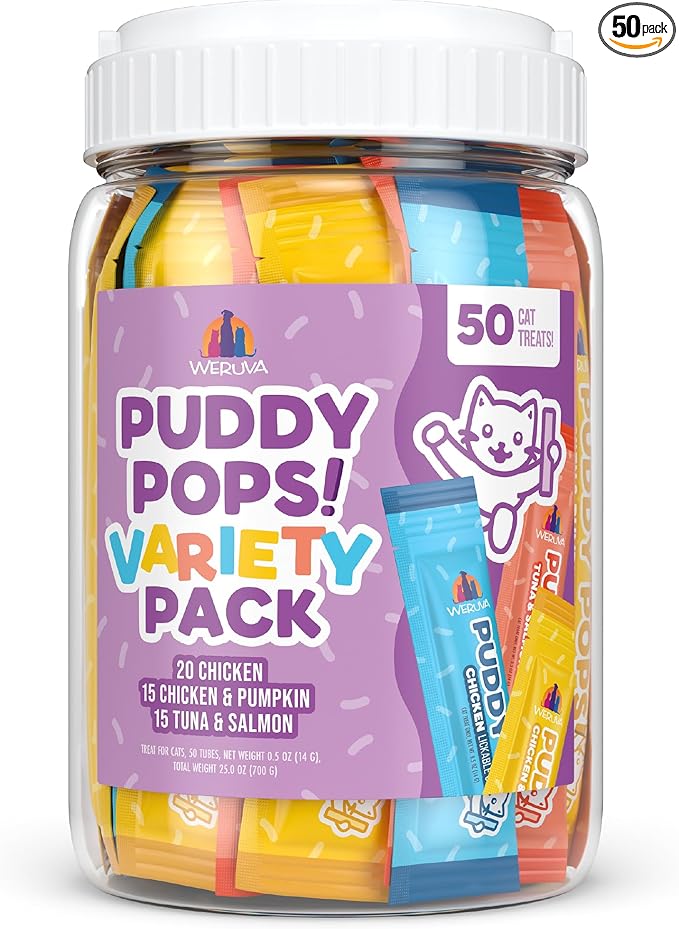 Weruva Puddy Pops, Lickable Cat Treats Variety Pack, 0.5oz Tube, Pack of 50
