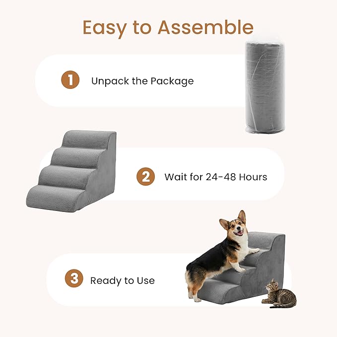 HealSmart Dog Stairs for Small Dogs, 4-Step Curved Design Pet Steps for Puppies & Senior Cats, High-Density Foam Indoor Non-Slip Ladder, Perfect for Sofa Couch and Chair Furniture Access, Gray