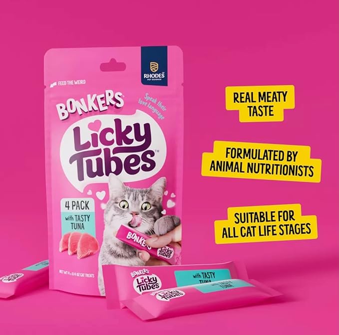 Bonkers Licky Tubes, Wet Lickable Tasty Tuna Flavor Cat Treats, Real Meat, Treats for Training or Food Topper 2 Pak (8 Tubes) Plus Cat Pom Pom Balls Toy