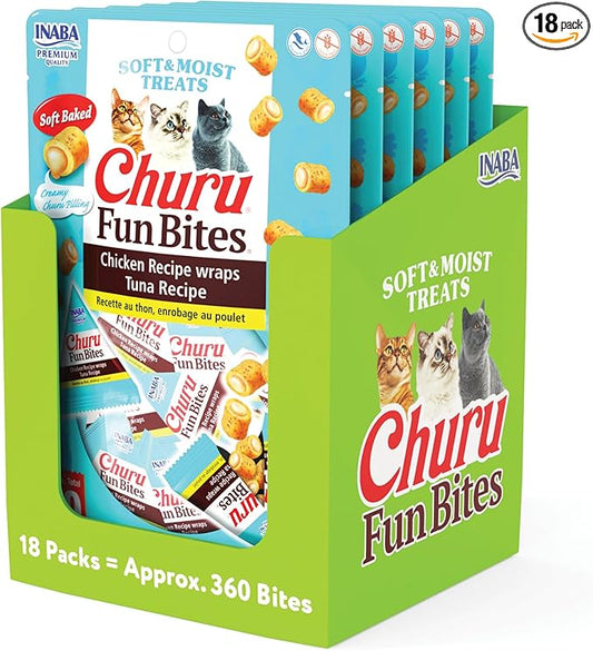 INABA Churu Fun Bites for Cats, Soft & Chewy Cat Treats with Taurine, 0.42 Ounces Each Tetra, 18 Tetras (3 per Bag), Tuna Recipe