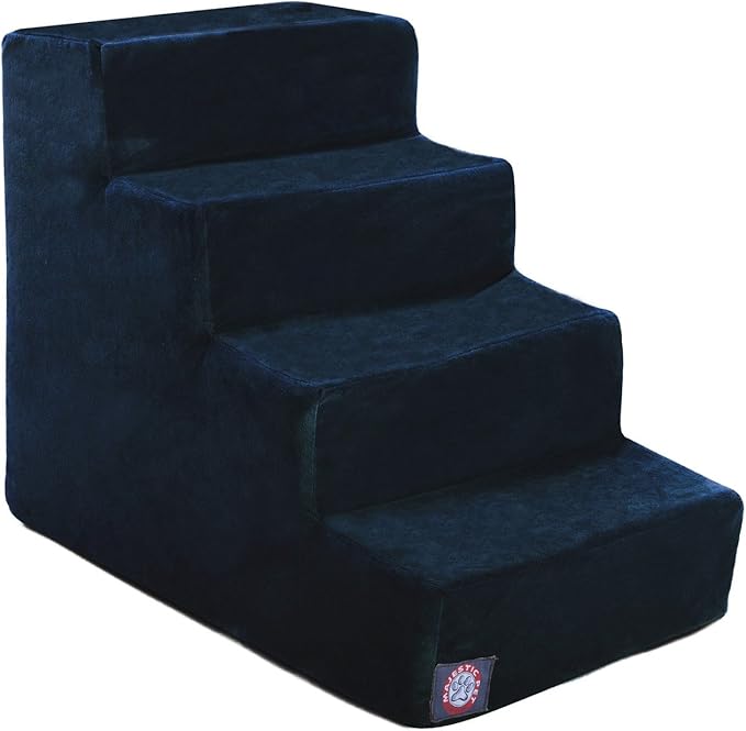Majestic Pet 4 Step Portable Dog Stairs for Small Dogs to get on Bed Supports 25 lbs or Less – Dog Steps for High Bed with Machine Washable Cover – Pet Stairs for Cats Suede Navy