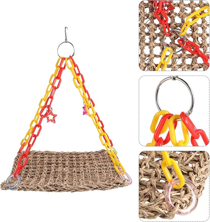 Mikikit Parrot Chewing Toy Swing Hammock for Birds Natural Straw Rope Bird Cage Accessory Climbing Play Bed for Parakeets Lovebirds and Cockatiels Space-Saving Design