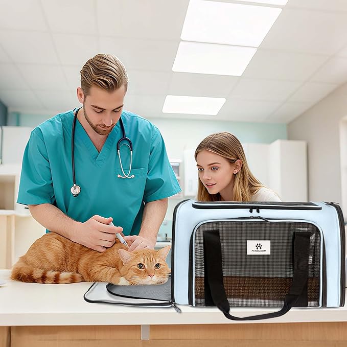 Cat Carrier - Cat Carrier Soft with Plush Pad & Cooling Mat, Easy-Load 4-Side Zipper & 3-Side Mesh Ventilation, Pet Carrier Airline Approved for Cats/Dogs Up to 16 lbs, Blue