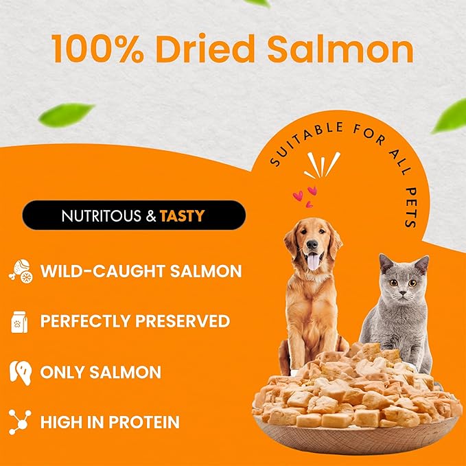 Freeze Dried Salmon Cat Treats | 100% Wild Caught Salmon Dog Treats, Grain- Free | High Protein, Single Ingredient Cat & Dog Food Toppers | No Additives or Preservatives | Tested in USA | 2.6 oz