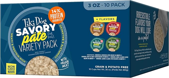 Tiki Dog Savory Paté Wet Dog Food, Variety Pack, 3 oz. Cup (10 Count)