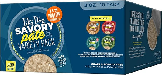 Tiki Dog Savory Paté Wet Dog Food, Variety Pack, 3 oz. Cup (10 Count)