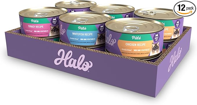 Halo Wet Cat Food Variety Pack, Three Canned Wet Cat Pate, Chicken, Turkey & Whitefish, 5.5 Oz Can (Pack of 12)