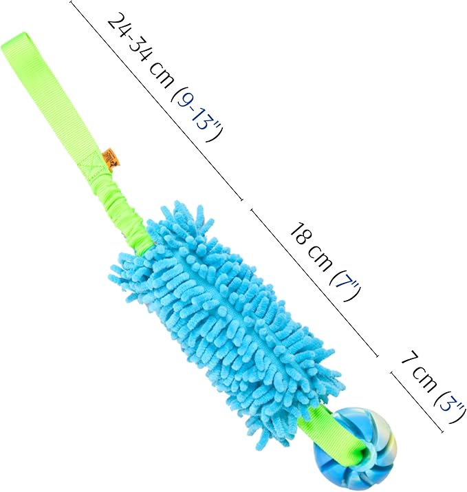 Dingo tug Toy for Dog, for Outdoor Indoor Play and tug of war, Bungee Handle, Soft Shaggy Nubby Like Plush Noodle and TPR Rubber Ball, Blue 15587