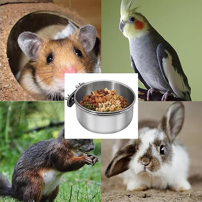 TAODAN 2PCS Stainless Steel Bird Feeder Bowl with Clip Birdcage Accessories Suitable for Ferrets Parrots Pigeons Chinchillas Hamsters