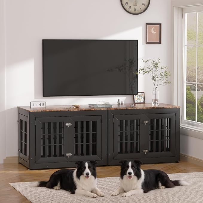 Snuowu 38" Heavy-Duty Dog Crate Furniture for Large/Medium Dogs, Rustic Wooden Dog Cage Kennel Indoor Furniture, Decorative Pet House End Table, Black & Wood