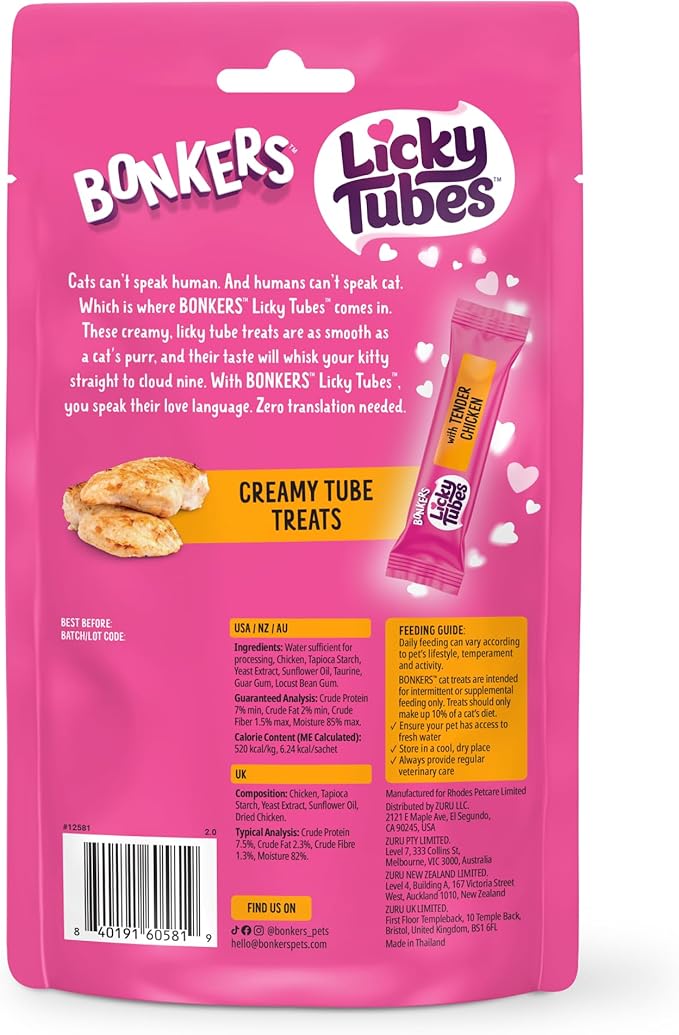 Bonkers Licky Tubes Chicken Flavored Wet Lickable Treats for Cats, 4 Pack (Pack of 15)