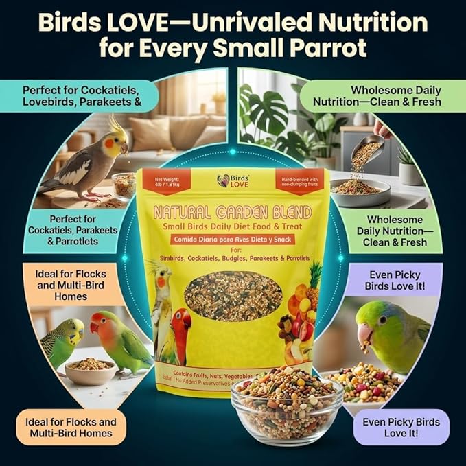 Birds LOVE All Natural Garden Blend Bird Food for Small Birds - Lovebirds, Cockatiels, Parakeets and Parrotlets 4lb