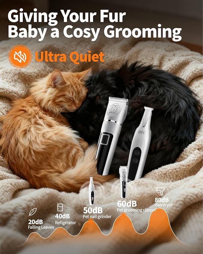 iBTC Professional Dog Grooming Kit at Home: All-in-One Quiet Clippers & Nail Grinder with LED Light, Cordless Dog Shaver, Safe Poodle Grooming Kit for Paws, Face, Ears & Body（White Combination）