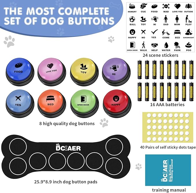 Dog Buttons for Communication, 8 PCS Dog Talking Button Set,30 Seconds Recordable Pet Training Buzzer，with Training Manual Book+16 AAA Batteries+24 Scene Modes + 1 Dog Button Mat