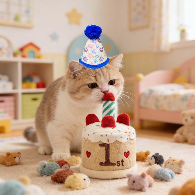 Cat Birthday Toy Kitten Cake with Birthday Hat Puppy Dog Plush Gift for Small Medium Pet (1 Year)