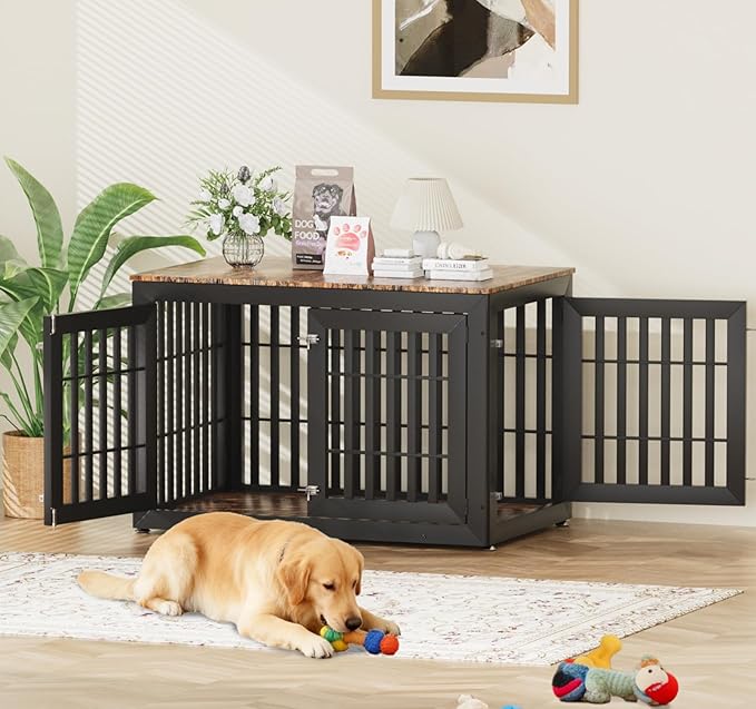 Snuowu 42" Heavy-Duty Dog Crate Furniture for Large/Medium Dogs, XL Wooden Dog Cage Kennel Indoor Furniture, Decorative Pet House End Table, Black & Wood