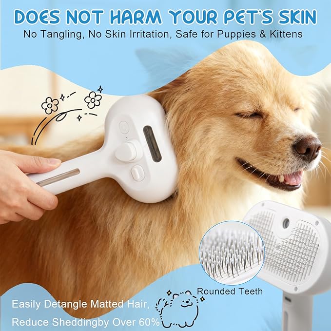 2026 Fresh Fur Shower Brush, 3 in 1 Pet Steam Brush, Spray Hair Removal Comb for Cats ＆ Dogs - Deshedding＆ Grooming (White)