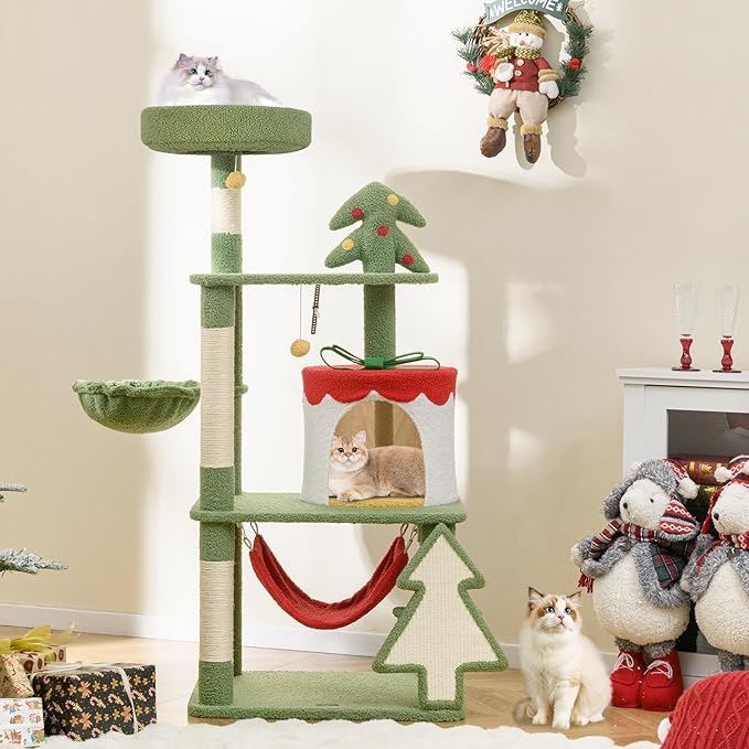 PETSITE 52 inch Cat Christmas Tree, Multi-Level Cat Tower with Sisal Scratching Posts & Board, Cat Condo, Basket Bed, and Detachable Hammock, Cute Cat Tree for Indoor Cats