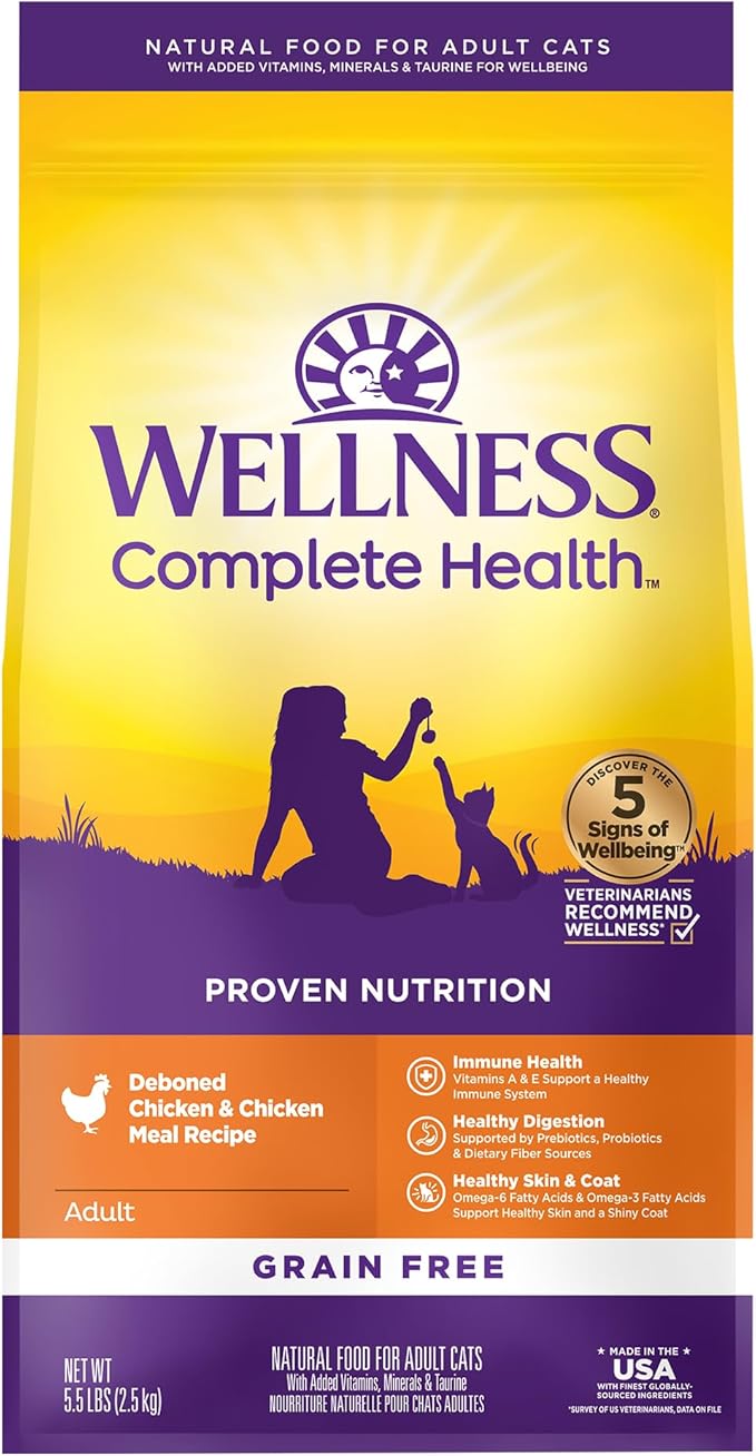 Wellness Complete Health Adult Dry Cat Food, Natural, Grain Free Kibble, Chicken Recipe, 5.5 lb Bag