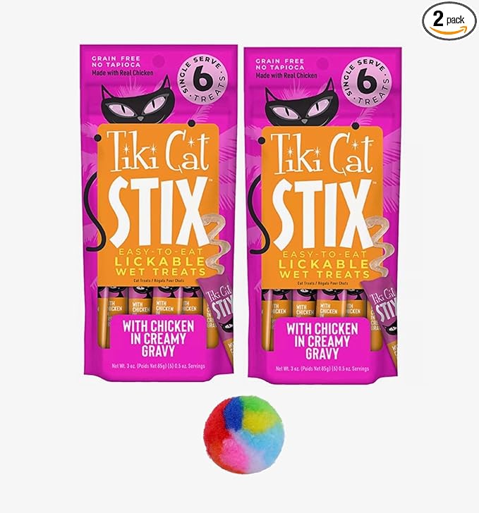 Tiki Cat Stix Lickable Wet Cat Treat Smooth Mousse Blend with Chicken in Creamy Gravy, 6 Stix in 1 Pouch (Pack of 2), Plus 1 Cat Pom Pom Balls Toy