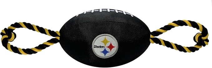 Pets First NFL Pittsburgh Steelers Football Dog Toy, Tough Quality Nylon Materials, Strong Pull Ropes, Inner Squeaker, NFL Team Color
