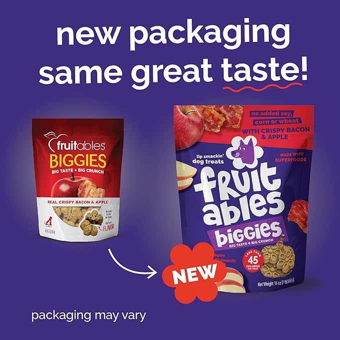 Fruitables Biggies Dog Biscuits, Healthy Treats for Dogs, Pumpkin Doggie Biscuits, Crunchy Treats, Made Without Wheat, Corn and Soy, Made in the USA, Crispy Apple and Bacon Flavor, 16oz