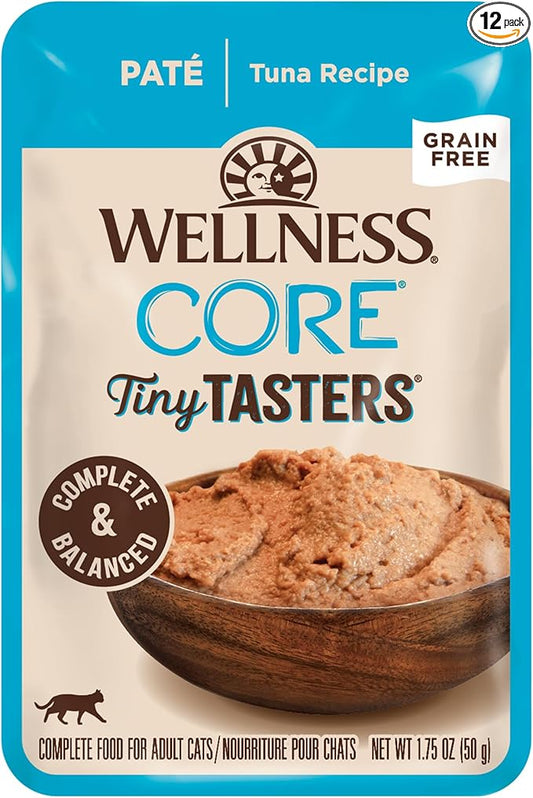 Wellness CORE Tiny Tasters Pate Adult Wet Cat Food, Natural, Protein Rich, Grain Free, Tuna Recipe, 1.75 oz, Pack of 12 Pouches