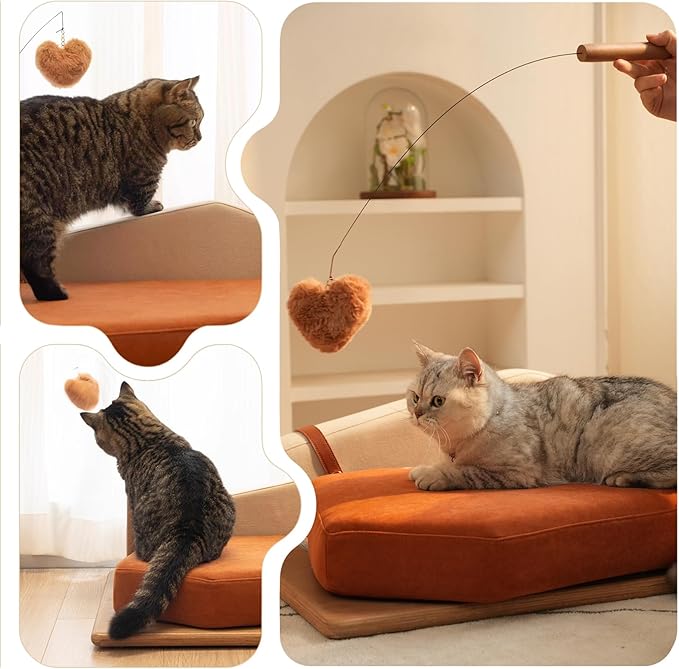 GDFStudio 27.6" Wooden Pet Bed for Cats and Dogs, Oak Veneer Frame with Washable Cushion, Scratch-Resistant Fabric, Elevated Pet Sofa Bed with Hanging Toy and Non-Slip Feet for Medium to Large Pets