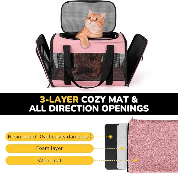 Hipubby Cat Carrier Dog Carrier for Pets Up to 16 Lbs, Soft-Sided Pet Travel Carrier for Cats and Small Dogs, Airline Approved Pet Carrying Case with Shoulder Strap & Removable Mat - Pink