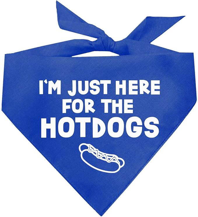 I'm Just Here for The Hot Dogs Fourth of July Dog Bandana | 100% Adjustable Cotton Triangle | Made in USA | July 4th Accesory | Patriotic | Party | Parade | Event | Costume (Royal, OS 750)