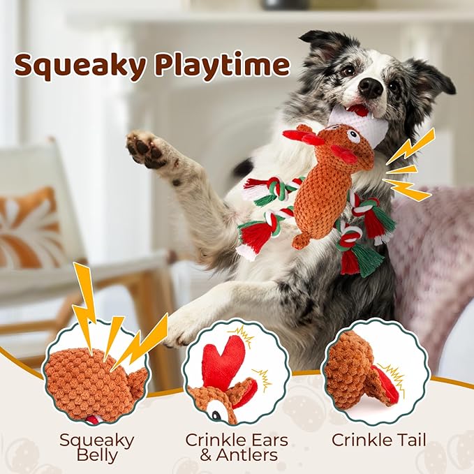 Plush Rope Reindeer Dog Toy – Durable Squeaky Tug Toy for Small, Medium Dogs, Interactive Chew & Fetch Puppy Toy