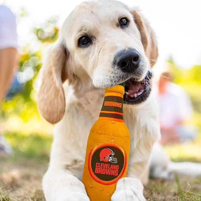 Pets First NFL Cleveland Browns Beer Bottle Plush Dog&CAT Squeak Toy-Cutest Stadium SODA Bottle Snack Plush Toy for Dogs&Cats with Inner Squeaker & Beautiful Football Team Name/Logo 10 x 3 x 3 Inches