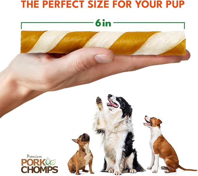 Pork Chomps Baked Pork Skin Dog Chews, 6 Inch Twists, 4 Count - Peanut Butter Wrap - Long-Lasting Treats for Dogs - High Protein, Rawhide-Free, Low Fat, Healthy & Delicious Chews