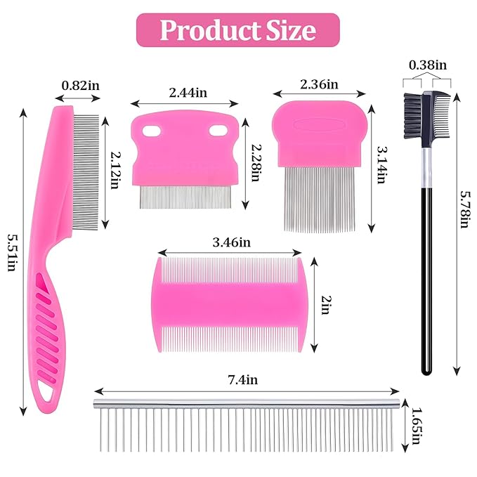 6 Pack Pet Grooming Combs, Stainless Steel Dog and Cat Grooming Combs with Rounded Teeth, Double-Sided Professional Pet Tear Stain Remover for Small, Medium, and Large Pets (Pink)