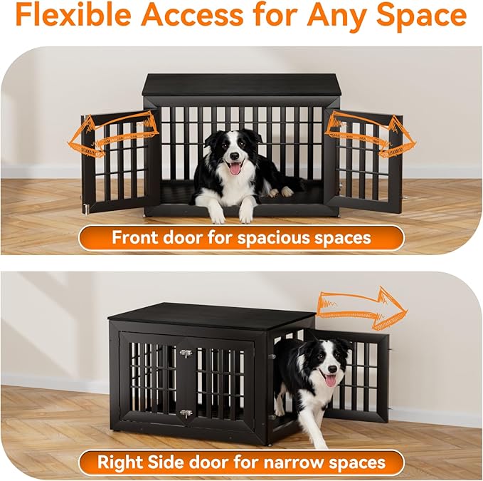 Snuowu 38" Heavy-Duty Dog Crate Furniture for Large/Medium Dogs, Rustic Wooden Dog Cage Kennel Indoor Furniture, Decorative Pet House End Table, Black