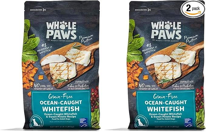 Whole Paws by Whole Foods Market, Grain-Free Adult Dog Food, Ocean-Caught Whitefish & Sweet Potato Recipe, 4 Pound (Pack of 2)
