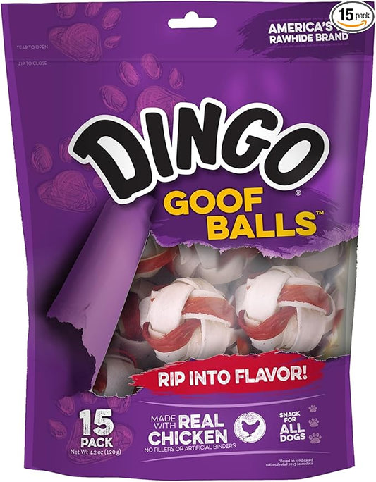 Dingo Goof Balls 15 Count, Premium Rawhide Treats For Small Dogs, Made With Real Chicken 15-Count