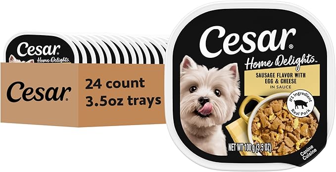 Cesar Home Delights Adult Wet Dog Food Sausage Flavor with Egg & Cheese in Sauce, 3.5 oz. Easy Peel Dog Food Tray, 24 Count (Pack of 1)