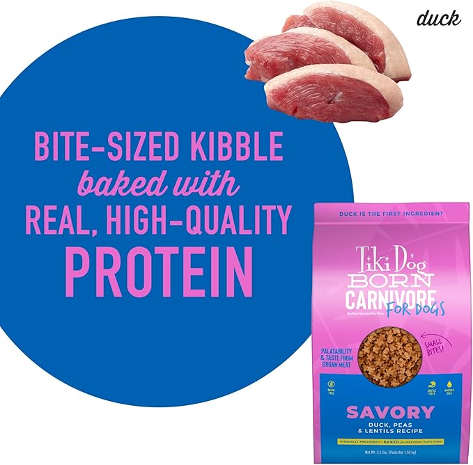 Tiki Dog Born Carnivore for Dogs, Savory Duck, Peas & Lentils Recipe, Grain Free Baked Kibble for Maximum Nutrition, For Adult Dogs and All Size Breed Dogs, 3.5 lbs Bag(Pack of 1)